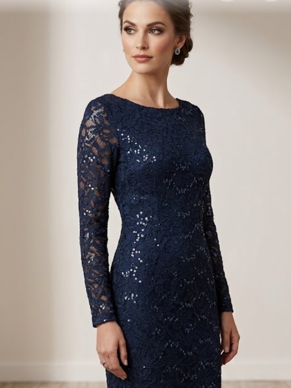 Betsy & Adam Navy Blue Sequin Lace Long Sleeve Dress - Size 10